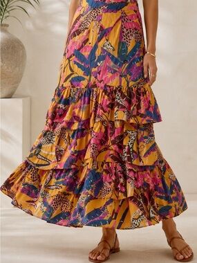 Oliphant Tiered Maxi Skirt Size M Mustard Giraffe Safari Tropical Cotton